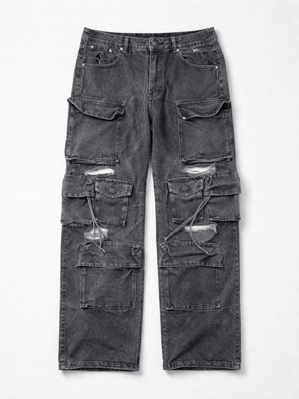 Nevstudio Multi-Pocket Distressed Cargo Jeans Washed Black Size 32